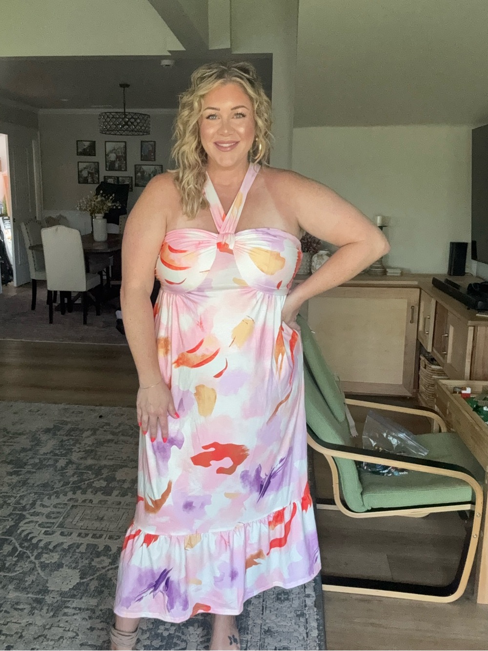 Pastel Watercolor Halter Maxi Dress - Pink, Coral & Lavender